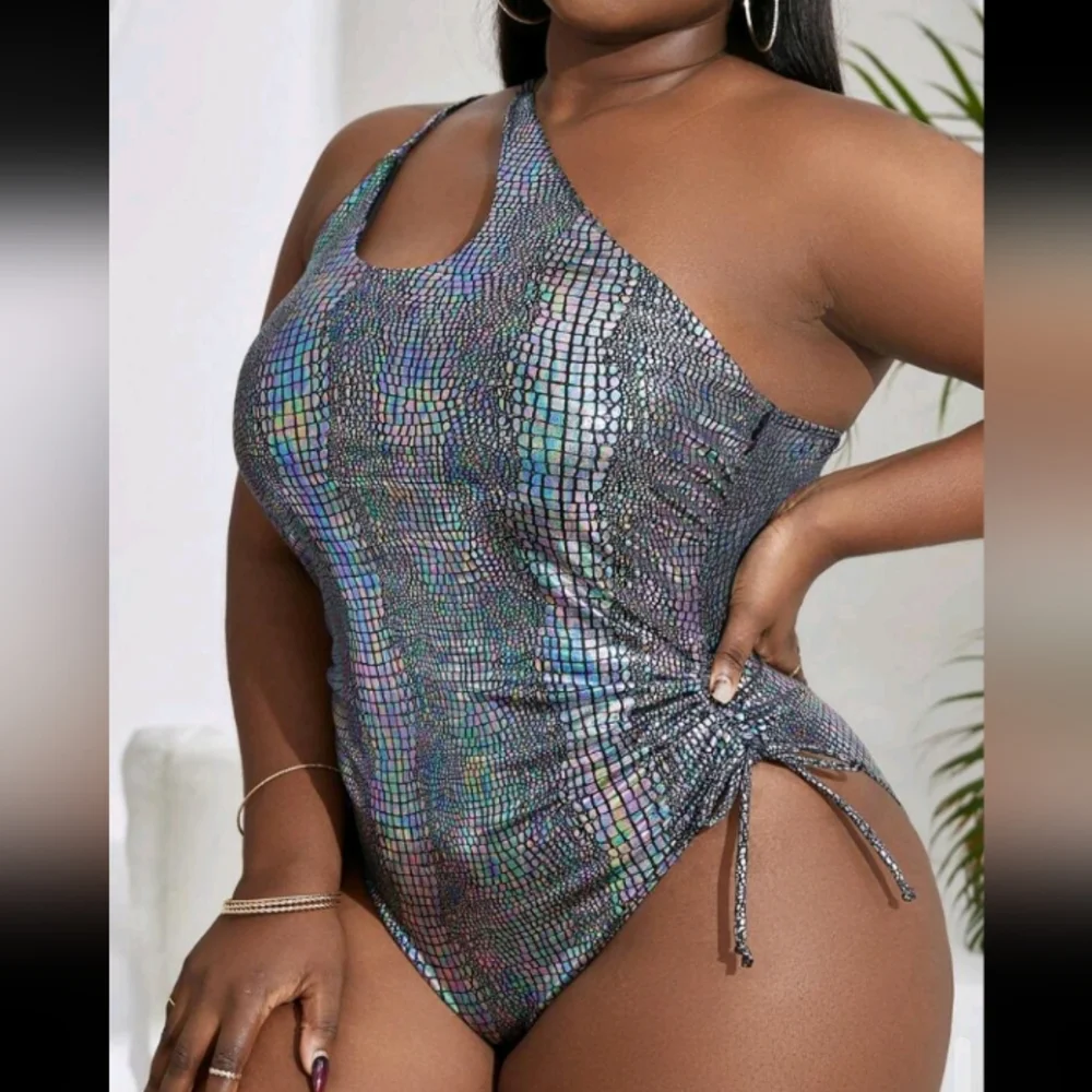 Women's One Shoulder Crocodile Pattern Swimsuit - Picture 2 of 5